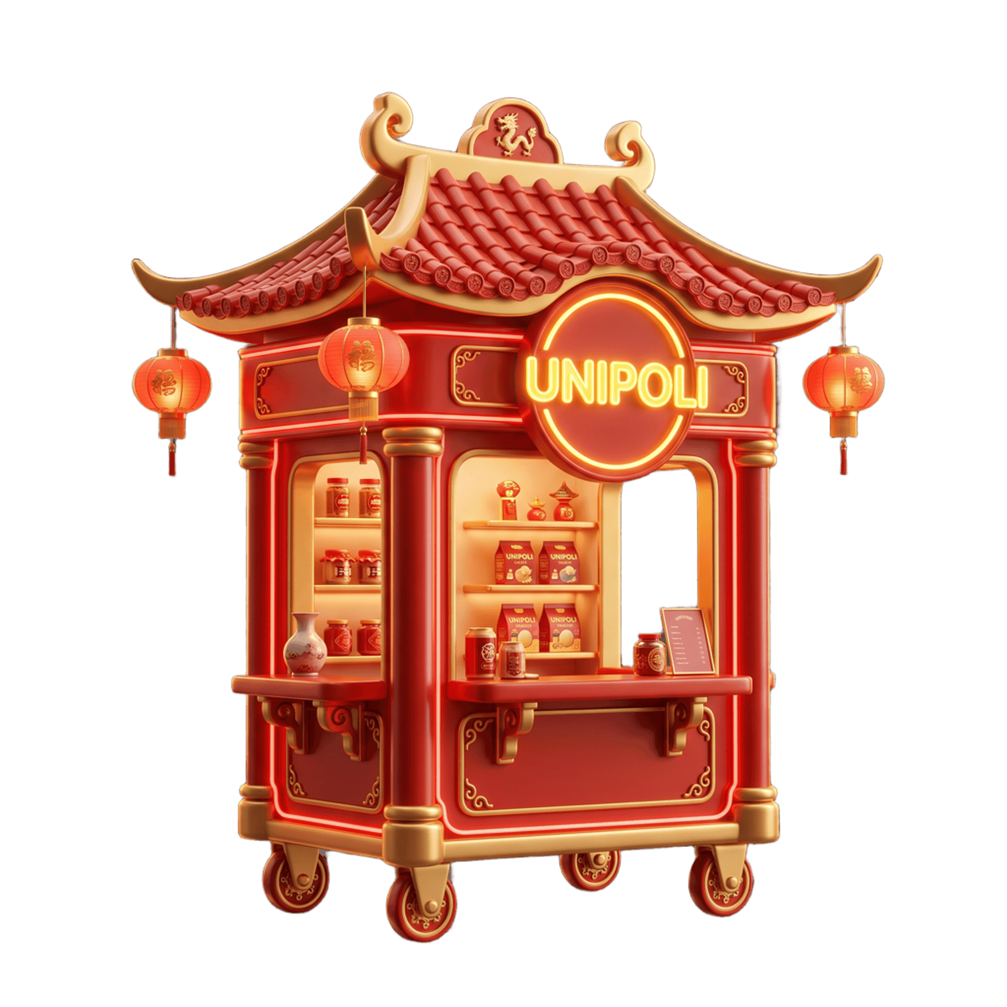 Stand de auspicio estilo chinatown con letrero Unipoli